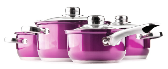 Steel pots isolated on white background