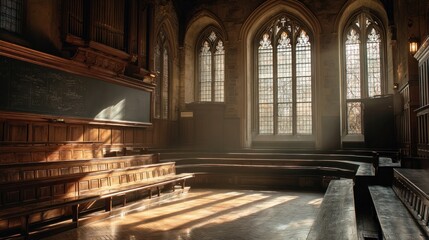 Historical lecture hall interior with wooden benches and large arched windows