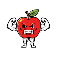Angry cartoon apple flexing muscles, symbolizing strength and healthy eating