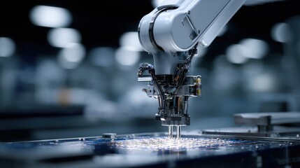 Industrial robotic arm assembling electronic components on a circuit board in a factory