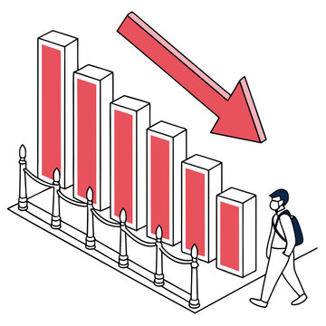 Red bar graph with decreasing bars and downward arrow and person walking by