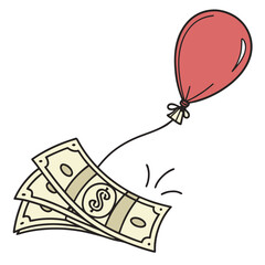 Obraz premium Red balloon carrying banknotes flying up white background