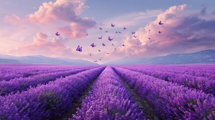 Lavender field and butterflies under cloudy sky summer landscape