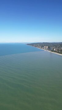 Black Sea coastline near Batumi Botanical Garden. Vertical 4K drone footage shows lush evergreen greenery, coastal cliffs, and deep blue sea in clear sunny weather, creating a vivid travel scene.