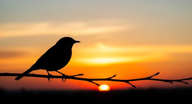 Silhouette of a small songbird perched on a thin tree branch against a vibrant orange and yellow sunset sky