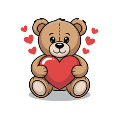 Naklejka premium Cute brown teddy bear vector illustration holding a large red heart for a romantic t-shirt design concept and fashion apparel template.