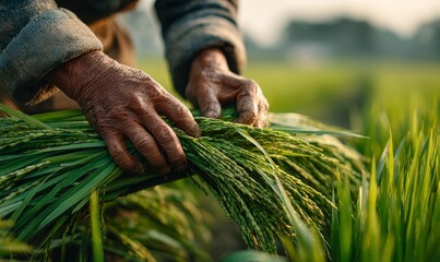 Morning Harvest of Rice in Photorealistic Natural Photography Capturing Agricultural Beauty