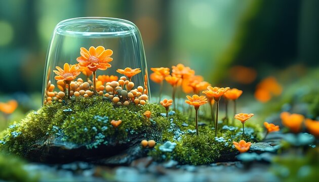 Ultra-Realistic 3D Macro of Moss and Lichen Landscape under Glass Cloche