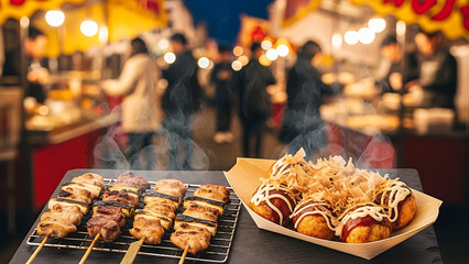 Delicious grilled skewers and savory takoyaki delight at a bustling night market, capturing the vibrant atmosphere of an authentic street food experience under warm, glowing lights