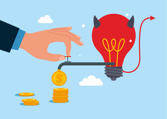 Hand with devil lightbulb and opening water tap. Dollar coins out of the tap. Business idea to make money or profit. Bad idea cause problem and failure. Vector