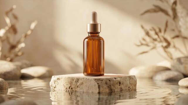 Amber glass dropper bottle on stone podium in gently rippling water, natural sunlight and shadows, organic skincare and spa concept, 3D rendering cinemagraph.