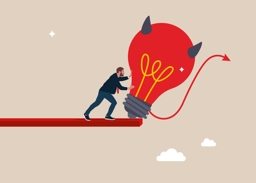 Businessman push devil light bulb off a cliff. Depression and anxiety. Bad idea cause problem and failure, poor idea or stupid mistake, disappointment from rejected, evil and negative opinion.