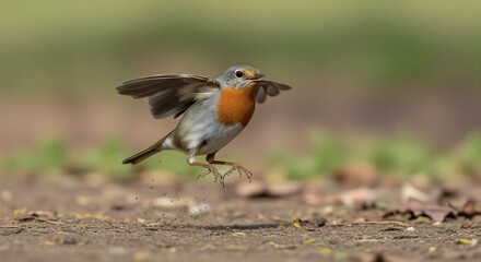 Action shot of a European robin taking flight from the dusty ground with wings spread and legs in motion