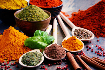 Variety of spices on kitchen table