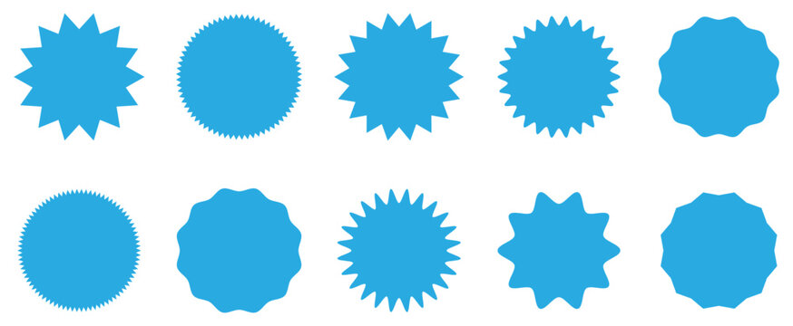 Collection of blue starburst, spiky, and scalloped badge shapes in clean flat vector style. Ideal for sale labels, discount stickers, promo badges, price tags, seals, marketing materials.