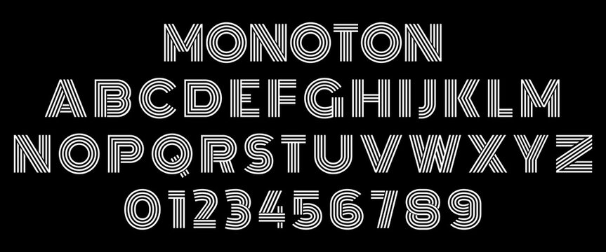Decorative alphabet font set with uppercase letters and numbers in modern line style. A to Z and numbers 0 to 9. Vintage alphabet. Simple letters and numerals. Vector illustration.