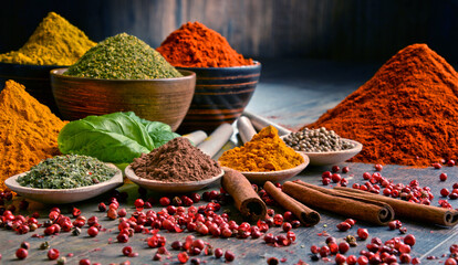Variety of spices on kitchen table