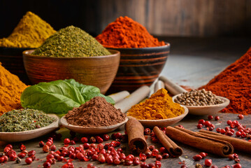 Variety of spices on kitchen table