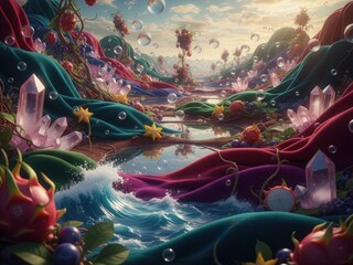 Surreal Inner World Landscape with Flowing Textures, Vibrant Colors, and Reflective Elements