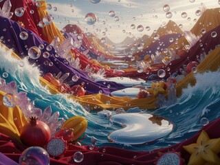 Surreal Inner World Landscape with Flowing Textures, Vibrant Colors, and Reflective Elements