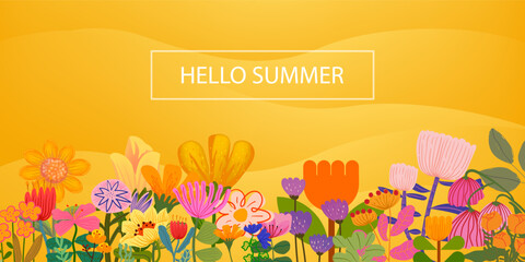 Colorful hello summer foliage with flowers and leaves tropical banner template greeting background. Fun and vibrant color natural design.