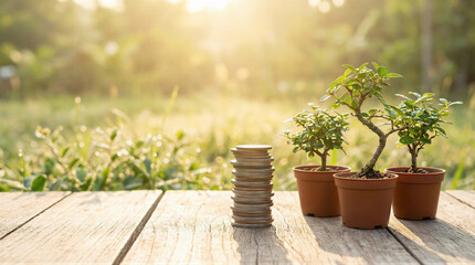 Growing wealth nurturing plants with coins in a sunlit garden nature scene close-up perspective