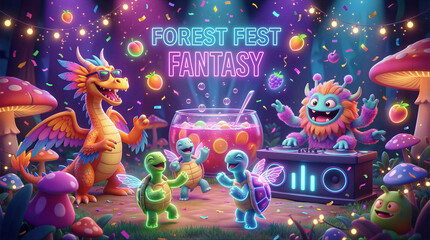 Fantasy forest fest celebration with colorful creatures enchanted location digital art whimsical atmosphere playful perspective