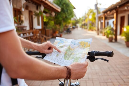 Backpacker adjusting a map while standing next to bicycle on a cobblestone street, surrounded by charming buildings and greenery, exploring the outdoors