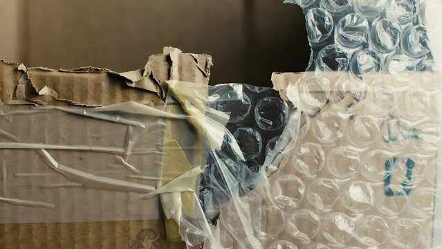 Close up of torn cardboard shipping box sealed with clear packing tape and plastic