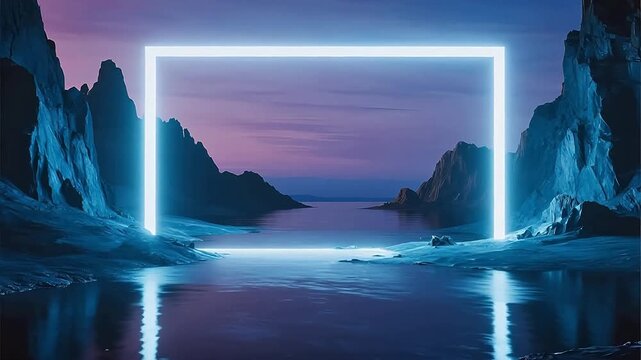 Landscape with glowing neon frame