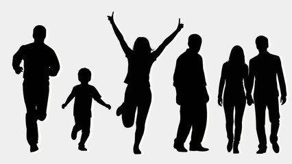 Diverse group of people silhouettes in various poses and activities.