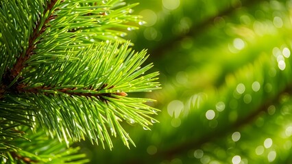 Close up of vibrant green pine tree branches with sunlight shining through, natural bokeh background, evoking feelings of serenity and connection to nature