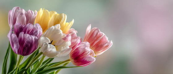 Colorful tulip bouquet on blurred soft background. Yellow ,purple,pink and white tulips flower bouquet on soft background. Floral banner. Valentines day, 8 march, Womens day, Mothers day, 