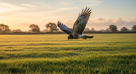 Hen Harrier Flying Low Over a Dewy Green Meadow at Sunrise Golden Hour