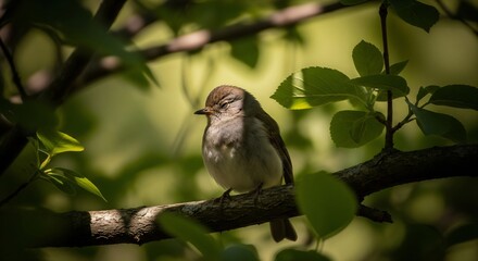 Fototapeta premium Small Songbird Resting on a Tree Branch Hidden in the Dappled Light of Forest Leaves