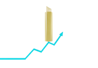 a minimalist pale yellow ceramic skyscraper on a vivid neon cyan upward-trending zigzag line in an infinite white void. product visualization studio shoot, concept of financial growth