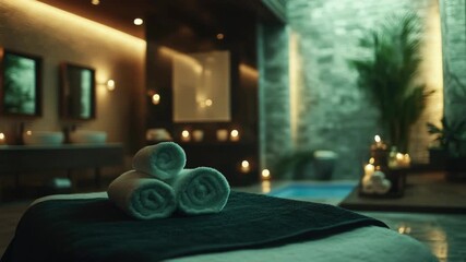 Lavish bathroom, dimly lit with candlelight and spa-like ambiance.