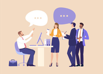 A professional man working at her desk while colleagues approach him for advice, symbolising leadership, mentorship, teamwork, collaboration, and knowledge sharing in a modern office environment.