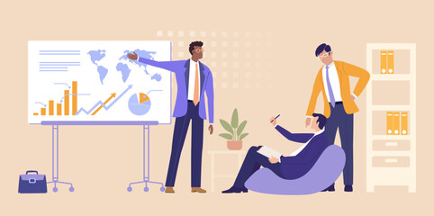 Fototapeta premium A professional businessman standing beside a presentation screen and speaking, representing a business report, knowledge sharing, and professional communication in a corporate environment.