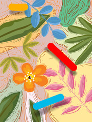 Colorful hello summer foliage with flowers and leaves tropical banner template greeting background. Fun and vibrant color natural design.