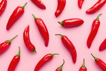 Vibrant food background featuring fresh red chili peppers scattered on a soft pink surface, creating a lively and colorful culinary scene for cooking inspiration