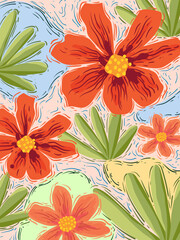 Colorful hello summer foliage with flowers and leaves tropical banner template greeting background. Fun and vibrant color natural design.