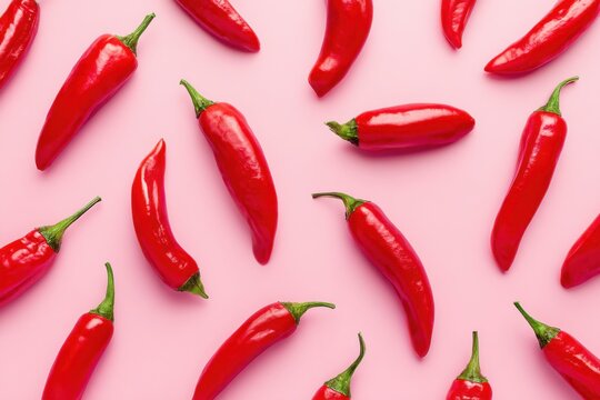 Vibrant food background featuring fresh red chili peppers scattered on a soft pink surface, creating a lively and colorful culinary scene for cooking inspiration