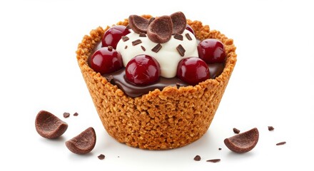 black forest granola cup with cherries and chocolate flakes isolated on white background for dessert concepts
