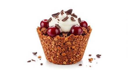 black forest granola cup with cherries and chocolate flakes isolated on white background for dessert concepts