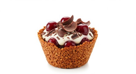 black forest granola cup with cherries and chocolate flakes isolated on white background for dessert concepts
