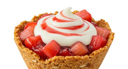 strawberry rhubarb granola cup with whipped yogurt isolated on white background for dessert themes