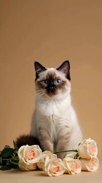 Elegant Birman cat sitting upright on a neutral beige background with flowers. Valentine's Day greeting card