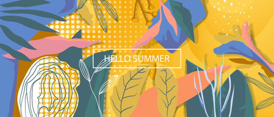 Colorful hello summer foliage with flowers and leaves tropical banner template greeting background. Fun and vibrant color natural design.