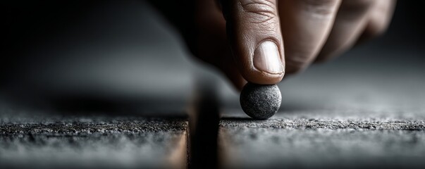 Precise Hand Placement of a Stone on Textured Grey Surface in Photorealistic Macro Shot